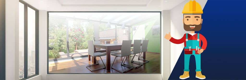 An image of a conservatory used as a dining room with an animated double glazing and conservatories handyman from DGR Bristol